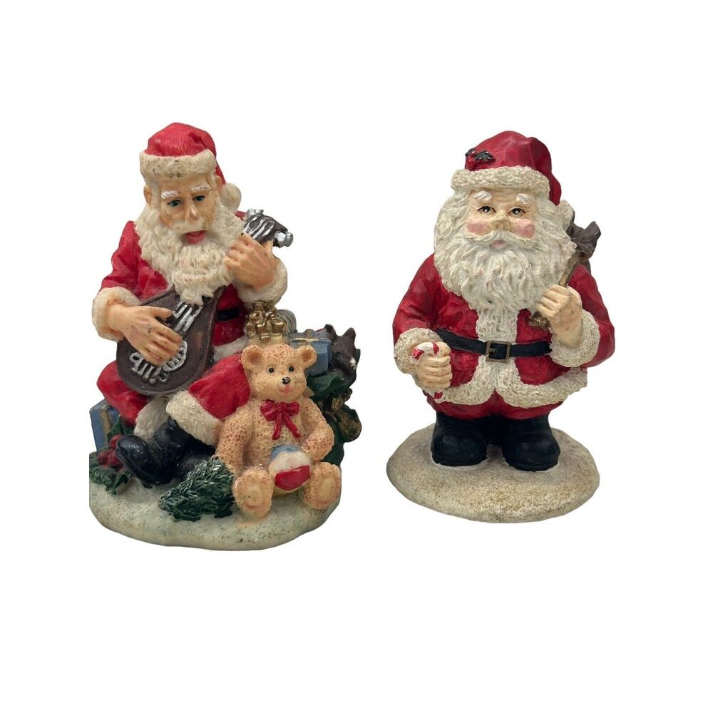 2 Resin Santa Claus Figurines Jolly Gifts & Instrument Playing w/Teddy Bear VTG